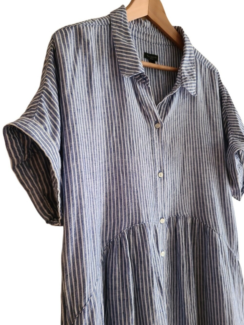 Talbots Petite Drop Waist 100% Linen Stripe Shirt Dress Blue White - Picture 6 of 17